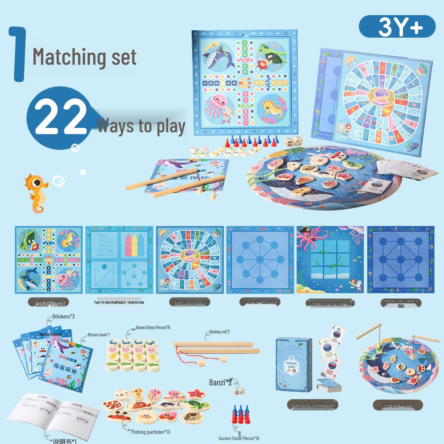 Multifunctional Children s Game Set: Board Game, Cards, Flying Disc, Fishing Puzzle, Educational Toy for Ages 3-6