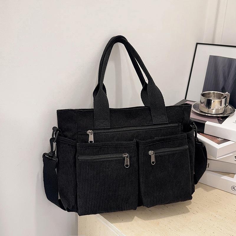 Multi-Pocket Corduroy Women Shoulder Bags Autumn Simple Solid Color Ladies Crossbody Bag Large Capacity College Handbags Tote