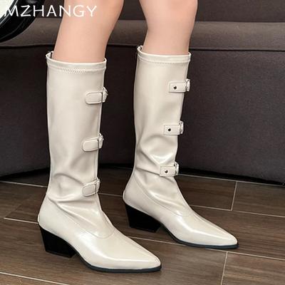 Fashion Women Leather High Boots Pointed Toe Mid Heels Shoes Woman 2025 Trend Fashion Elegant Winter New Snow Chelsea Boots Mujer Botas
