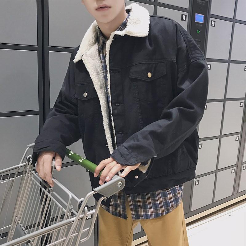 

Men s Retro Japanese Denim Jacket with Velvet Lamb Wool Lining - Winter Coat for Students and Couples S