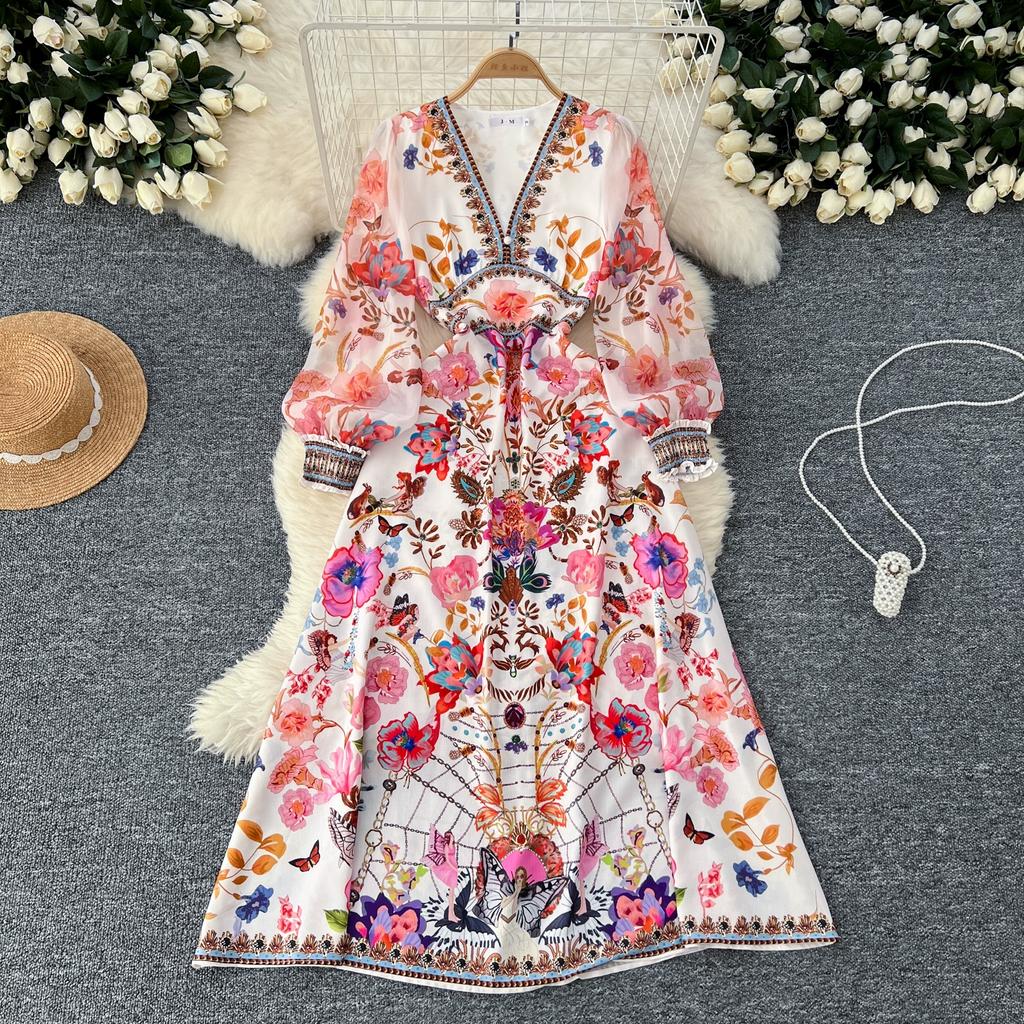 Spring Autumn Women Print Chiffon V-neck Puff Sleeve Long Maxi Holiday Beach Dresses