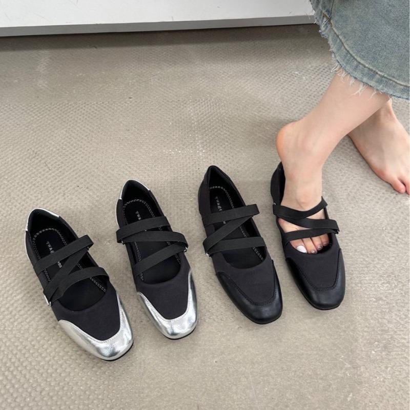 Flat shoes women's square head new spring and autumn light mouth Mary Jane ballet shoes elastic band silver soft sole single shoes