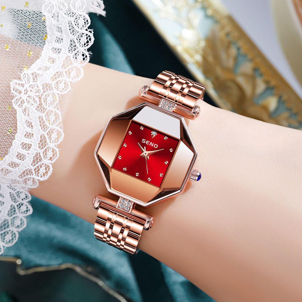 Elegant Women's Steel Band Wristwatch In Pomegranate Red, Champagne Gold & Green