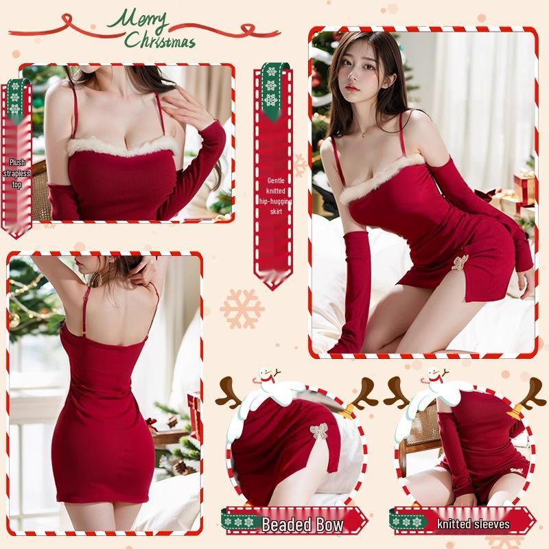 Red Christmas Bunny Girl Lingerie Set - Knit Bodycon Dress & Battle Robe