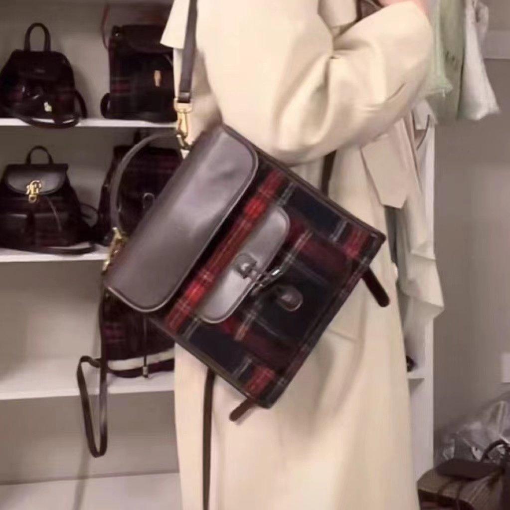 Red And Blue Woolen Retro Design Backpack Horn Buckle Texture Niche Unique Backpack Bag