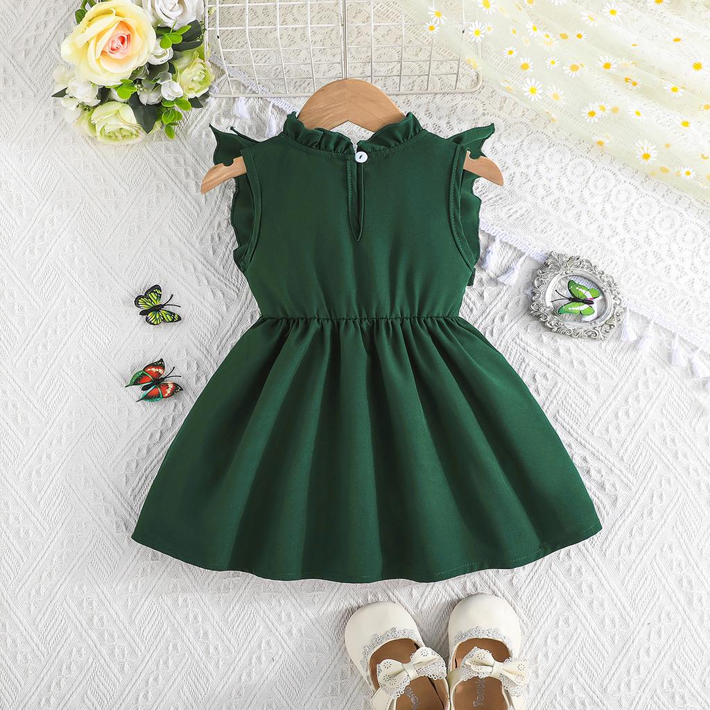 Baby Mädchen Neues Landhausstil Kleid Grün Ärmellos Rüsche + Blumenstickerei Schleife Prinzessinnenkleid