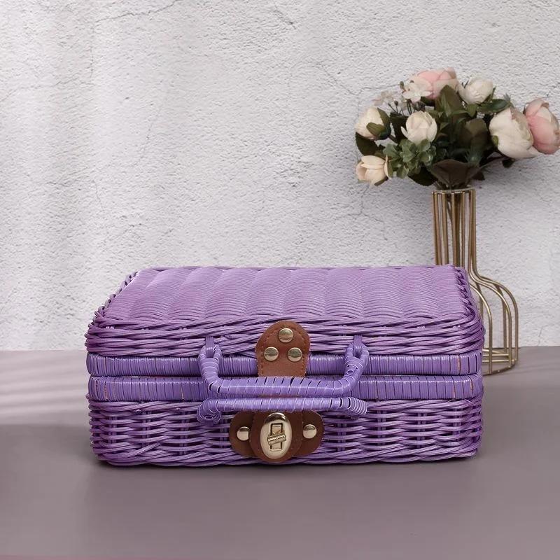 Rattan-like Finishing Box Woven Rattan Basket Retro Storage Box Decorative Props Suitcase with Hand Gift Box