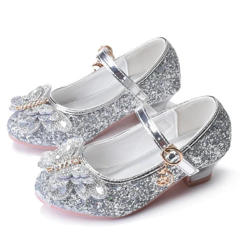 Fashion Children Princess Shoes Glitter Rhinestone Girls High-heels Leather Shoes for Party Wedding Kids Versatile Single Shoes