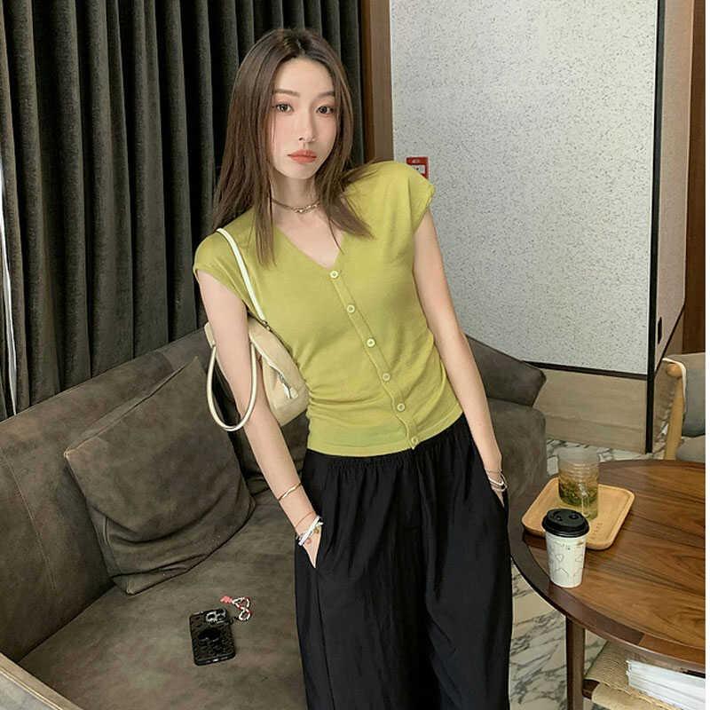 Summer V Neck Slim Fit Casual Knitted T-shirt Women Fashion Elegant Short Sleeve Tshirts Tops Office Lady Vintage Button Up Women's Tee Shirt 24845