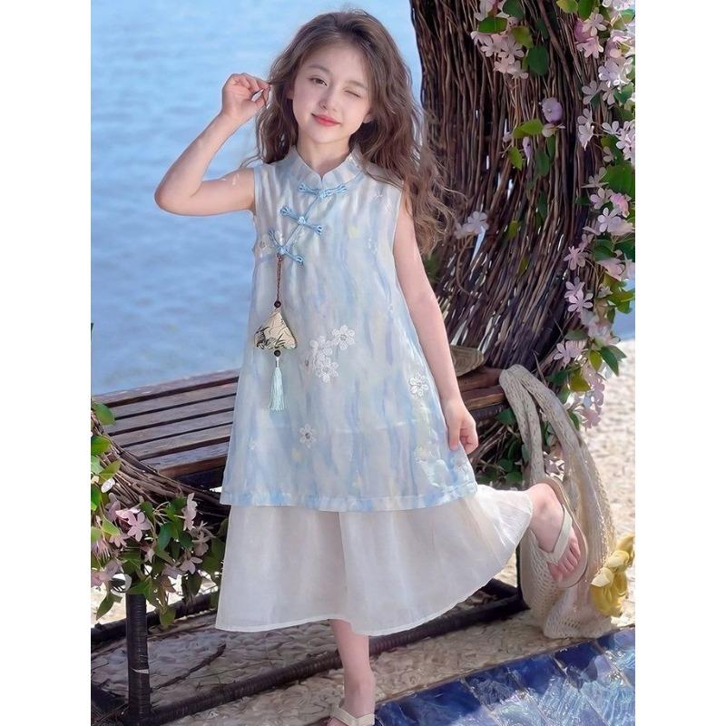 Girls' New Chinese-style Sweet Dress for Summer, Children's Princess, Chinese Style Blue Dress