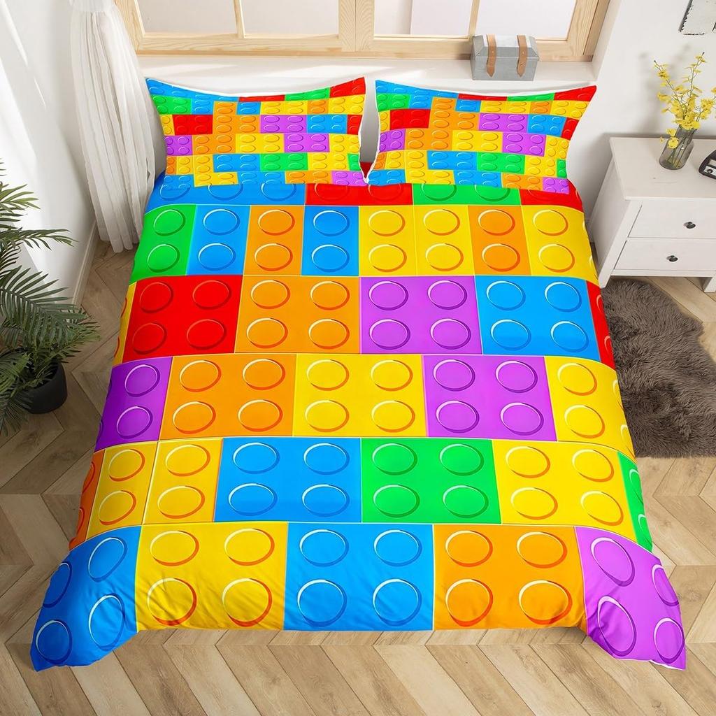 Building Block Duvet Cover Twin King Rainbow Construction Bedding Set Colorful Bricks Comforter Cover For Teen Girls Room Decor