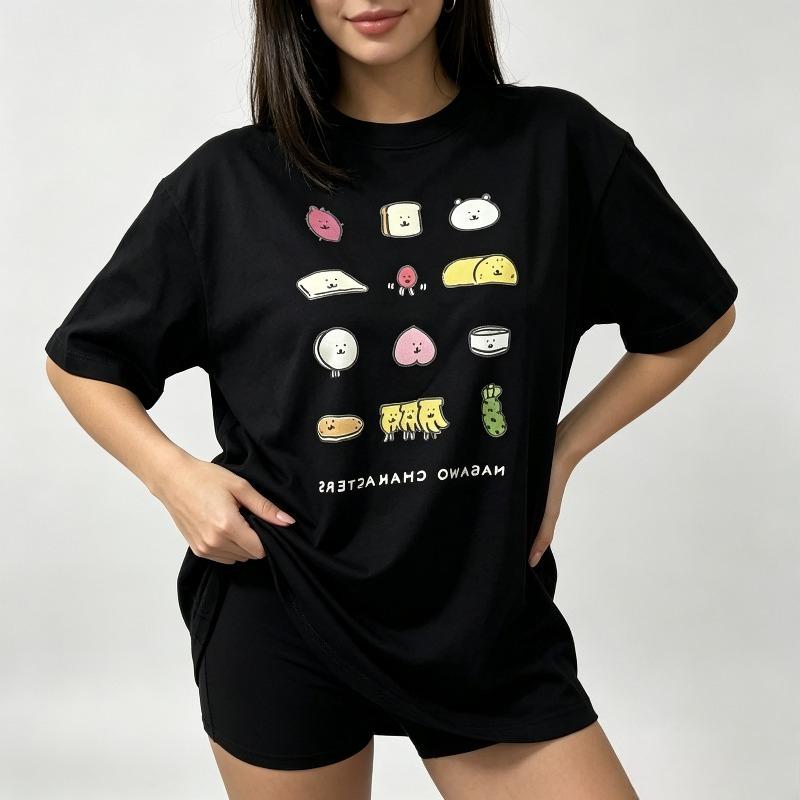 Unisex Pure Cotton Casual Cute Food Character Tshirt Cartoon Bread Fruit Print Short Sleeve Loose Fit Top For Daily Wear