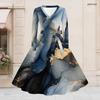 Women Plus Size V Neck Long Sleeve Teal Blue Printed A Line Dress With Belt