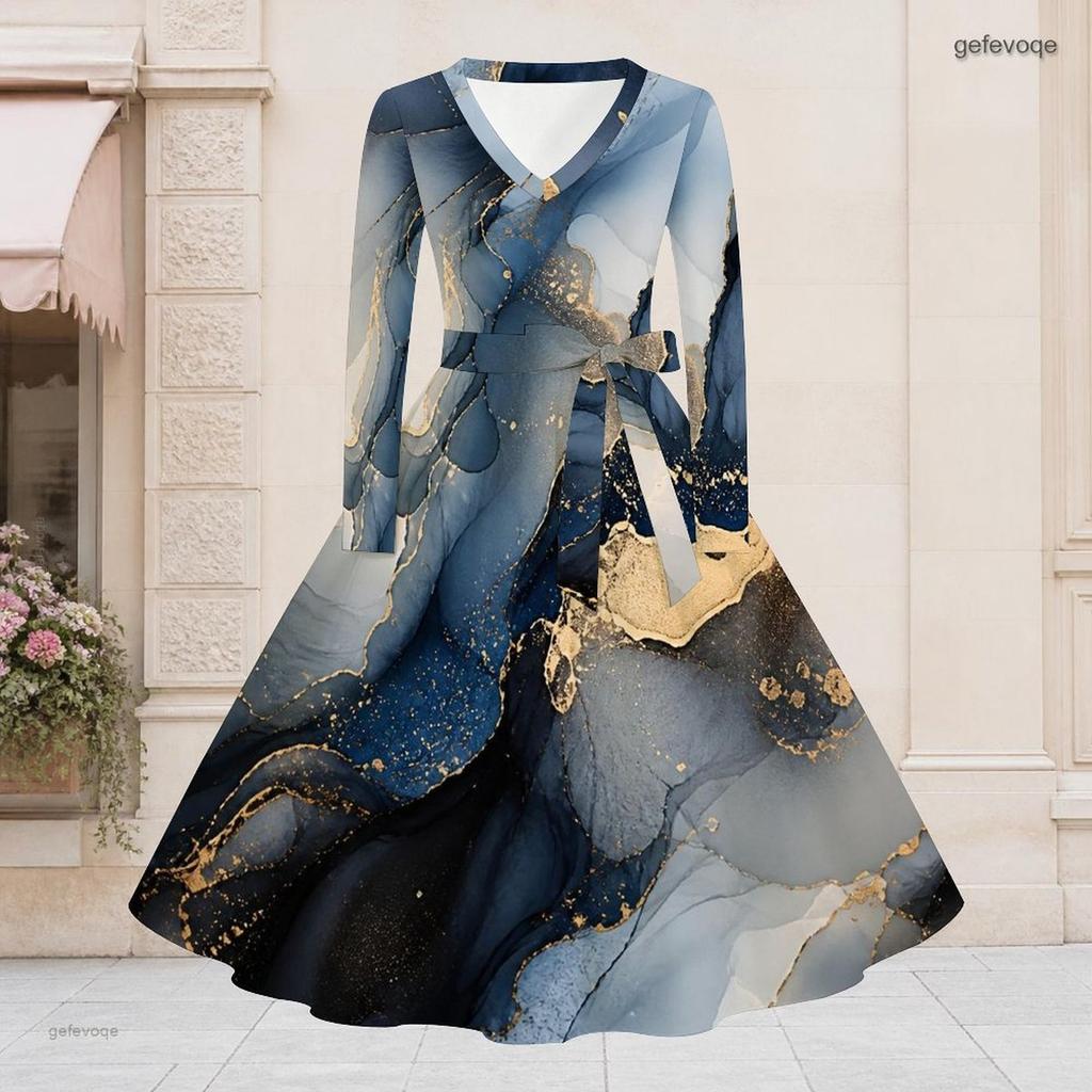 Women Plus Size V Neck Long Sleeve Teal Blue Printed A Line Dress With Belt