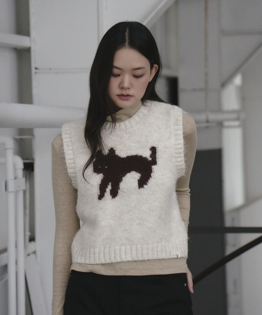 The Green Lab Cat Jacquard Vest [Oatmeal]