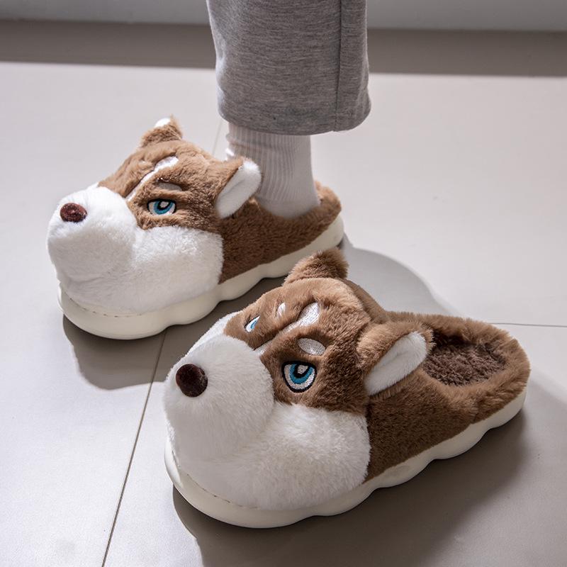 Men's Cozy Cotton Slippers - Thick Sole, Closed Heel, Cute Husky Design, Winter/Autumn Indoor & Outdoor Wear.