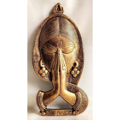 Welcome Namaste Lady Metal Hanging Religious Metal Wall Decor Showpiece Hanging Entrance Gate Decor (14 X 2 X 28 Cm, Antique)