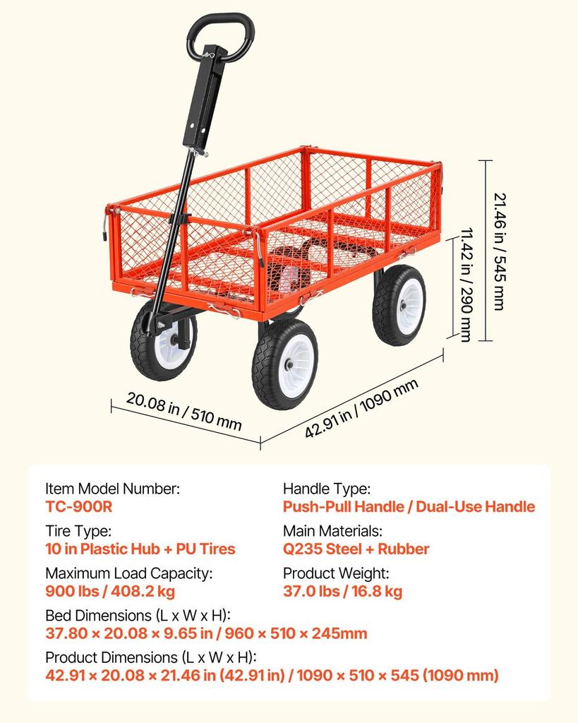 Carro de Jardín, 408,2 kg, Carro Utilitario de Acero de Alta Resistencia para Patio y Jardín con Ruedas de 10 Pulgadas, Taburete de Jardinería para Exteriores con Asa Ajustable, Desmontable