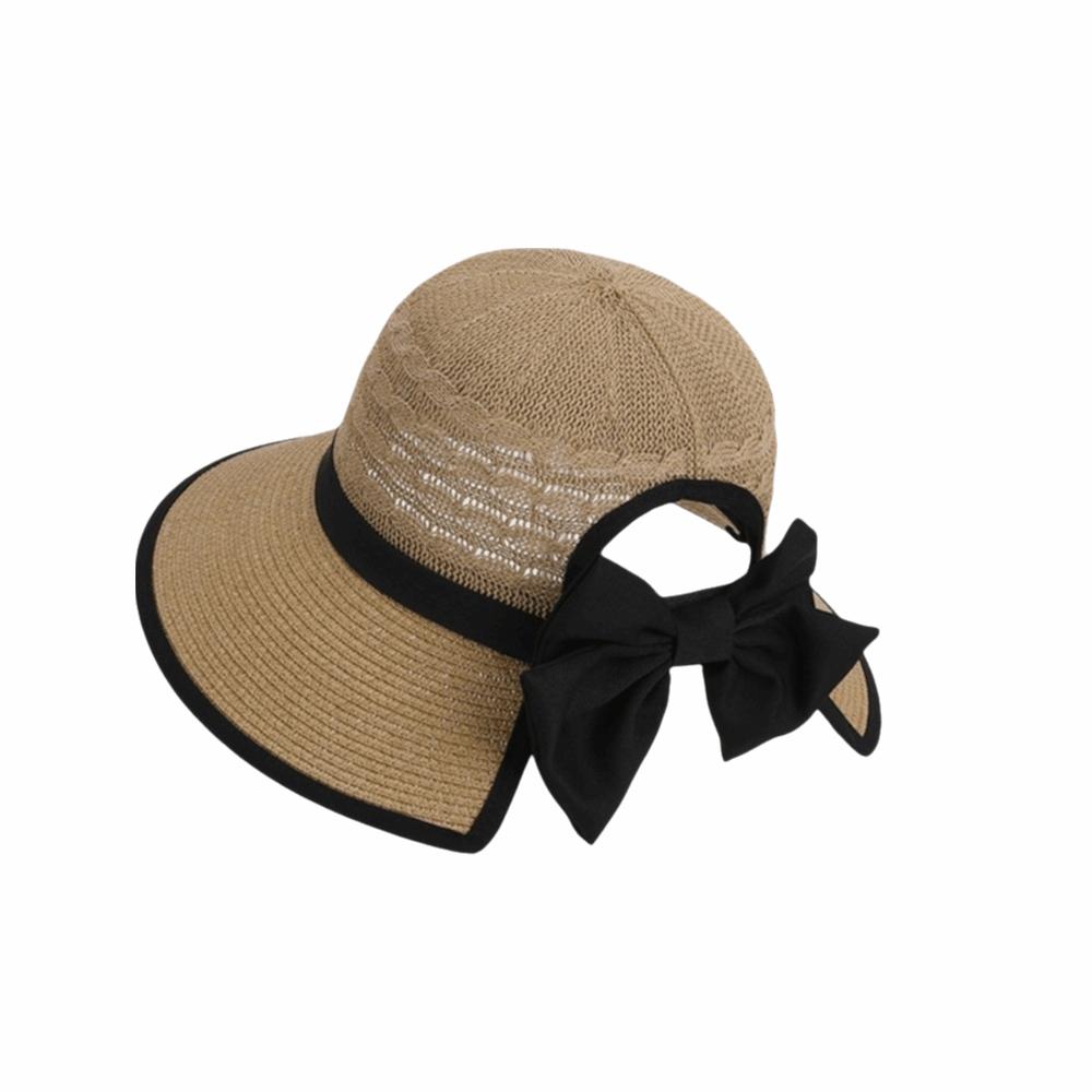 Fashion Breathable Straw Hat Ponytail Hole Wide Brim Sun Hat Bow-tied Solid Color Summer Hat Women