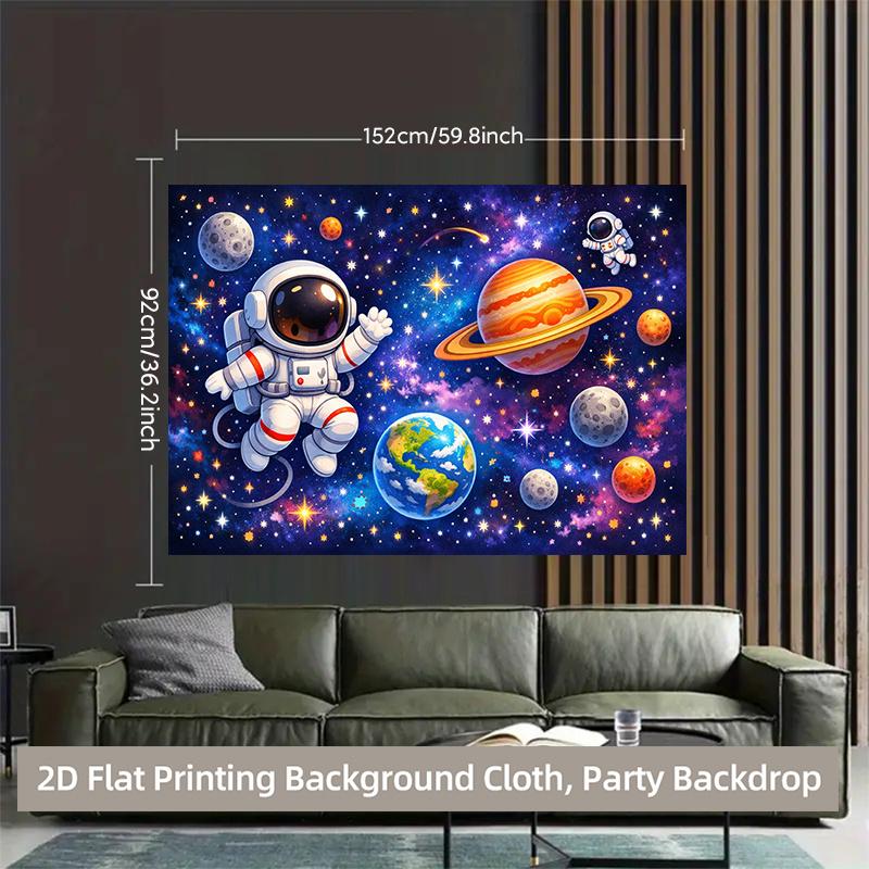 1 Stück 2D-Hintergrundstoff Astronaut streift umher und erkundet im Weltraum auf Polyester-Hintergrundstoff Party-Banner