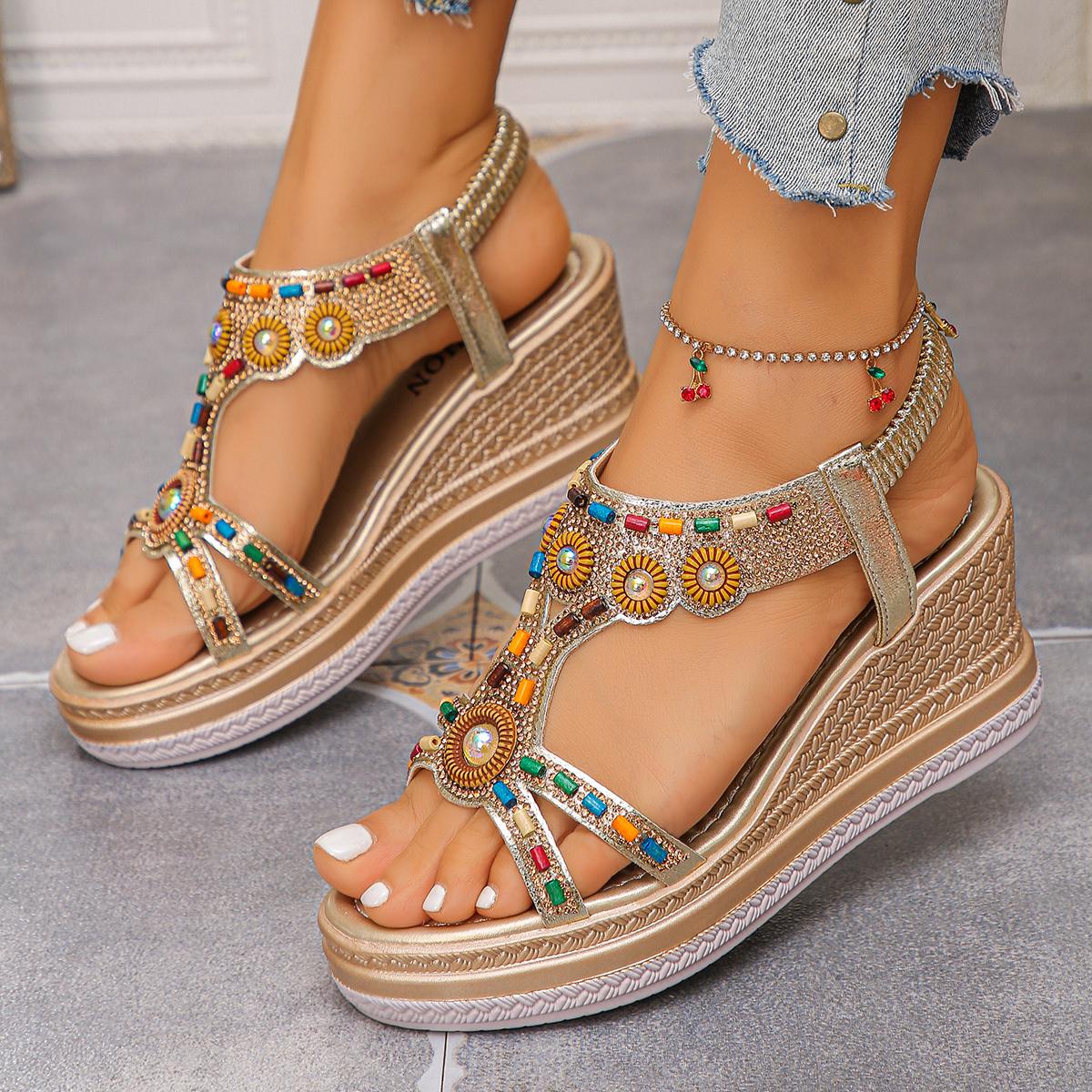 

Fashion Women s Colorful Beaded Bohemian Wedge Sandals Thick Sole Non Slip Summer Beach Shoes Woman Retro Flower Chunky Platform Sandals 43 шампанского