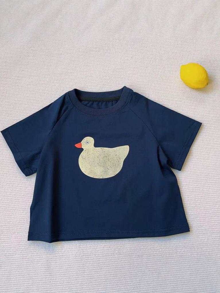 Kids' Summer Duck Print Cotton T-Shirt - Unisex Round Neck, Short Sleeve