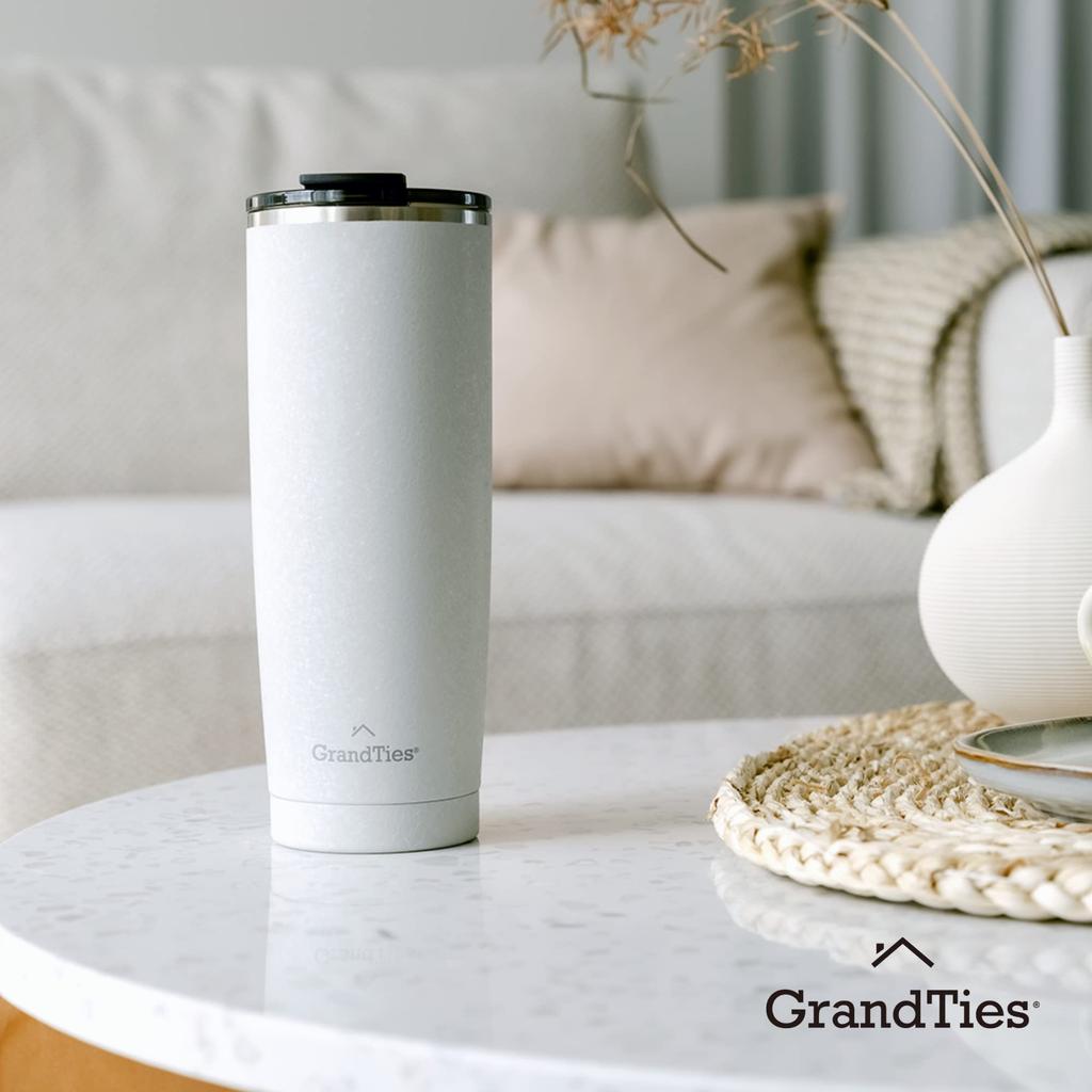GRANDTIES Premium Drinkware Vacuum Insulated Tumbler, 590ml, Car Cup Holder Compatible & Easy OpenClose Spout (Pearl Snowy)