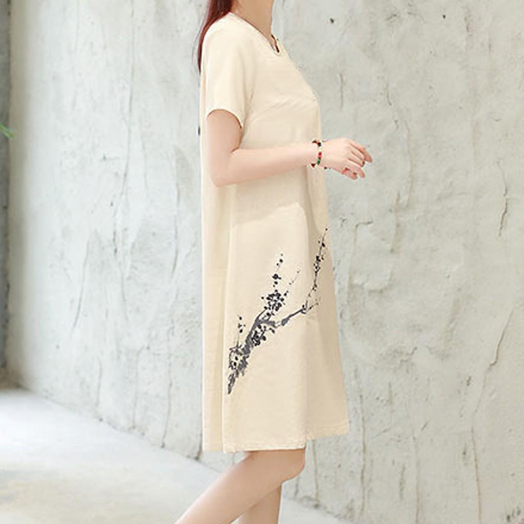 Fashion Women Summer Short Sleeve  knee length Printing Dress