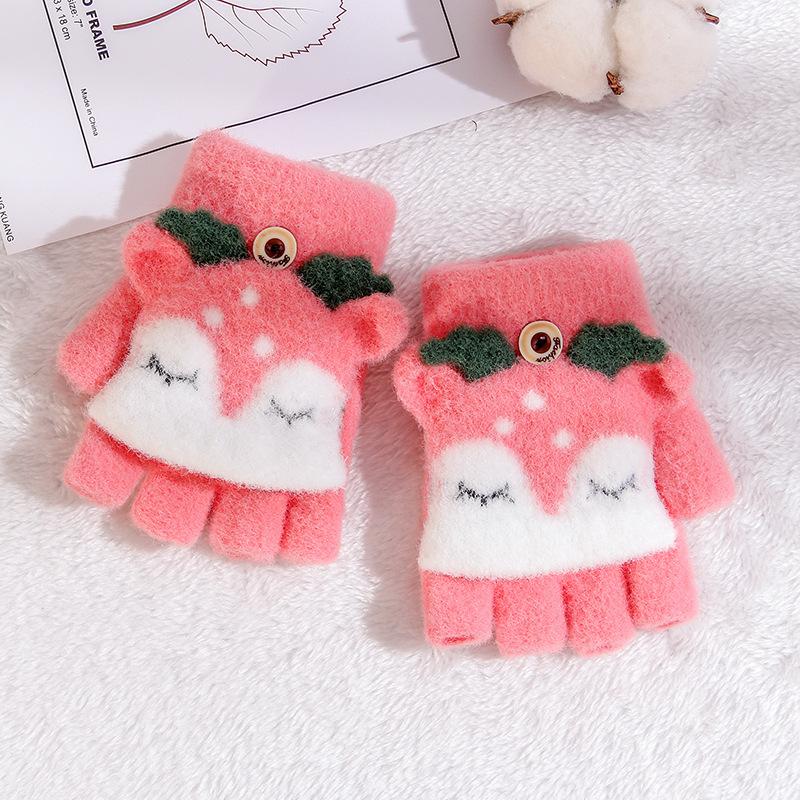 

Half finger flip cover dew finger cute cartoon deer knitted fleece warm baby girl winter cold children s gloves children Recommended for babies aged 5-7