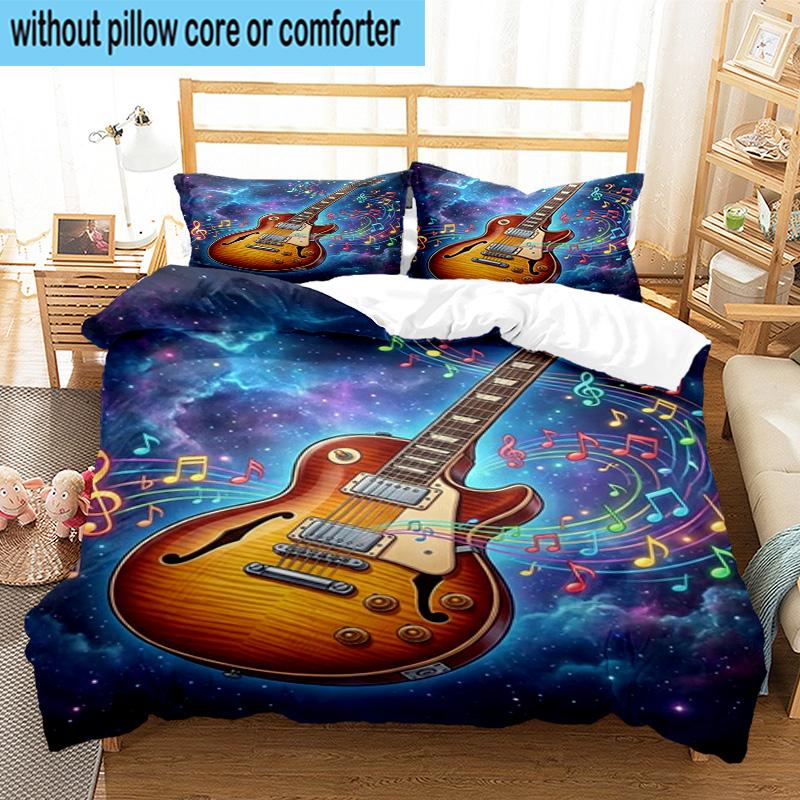 Neon Guitar Melody 3pcs Bedding,Including 1pc Duvet Cover And 2pcs Pillowcases Perfect for Christmas,Ideal for Bedroom, Dormitory