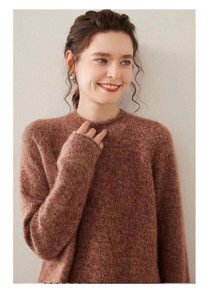 Women's Round Neck Boucle Cashmere Pullover - Autumn/Winter Thick Loose Fit Sweater Base Layer