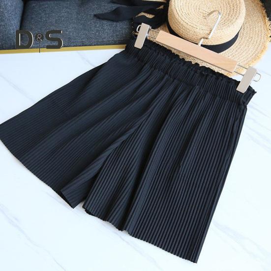 Women Shorts Elastic High Waist Ribbed Design Solid Color Casual Loose Fit Shorts Summer Wide Leg Shorts
