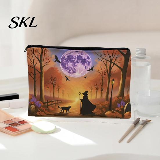 Witch Pumpkin Pattern Bag Storage Bag, with Smooth Zipper, Thickened Polyester Large Capacity Thick Canvas Cosmetic Halloween Printed Pouch Small Item