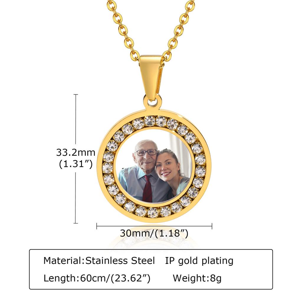 Xiaomi Vnox Photo Frame Necklaces for Men Women, Stainless Steel Coin Pendant with AAA CZ Stones, Customize Love Gift