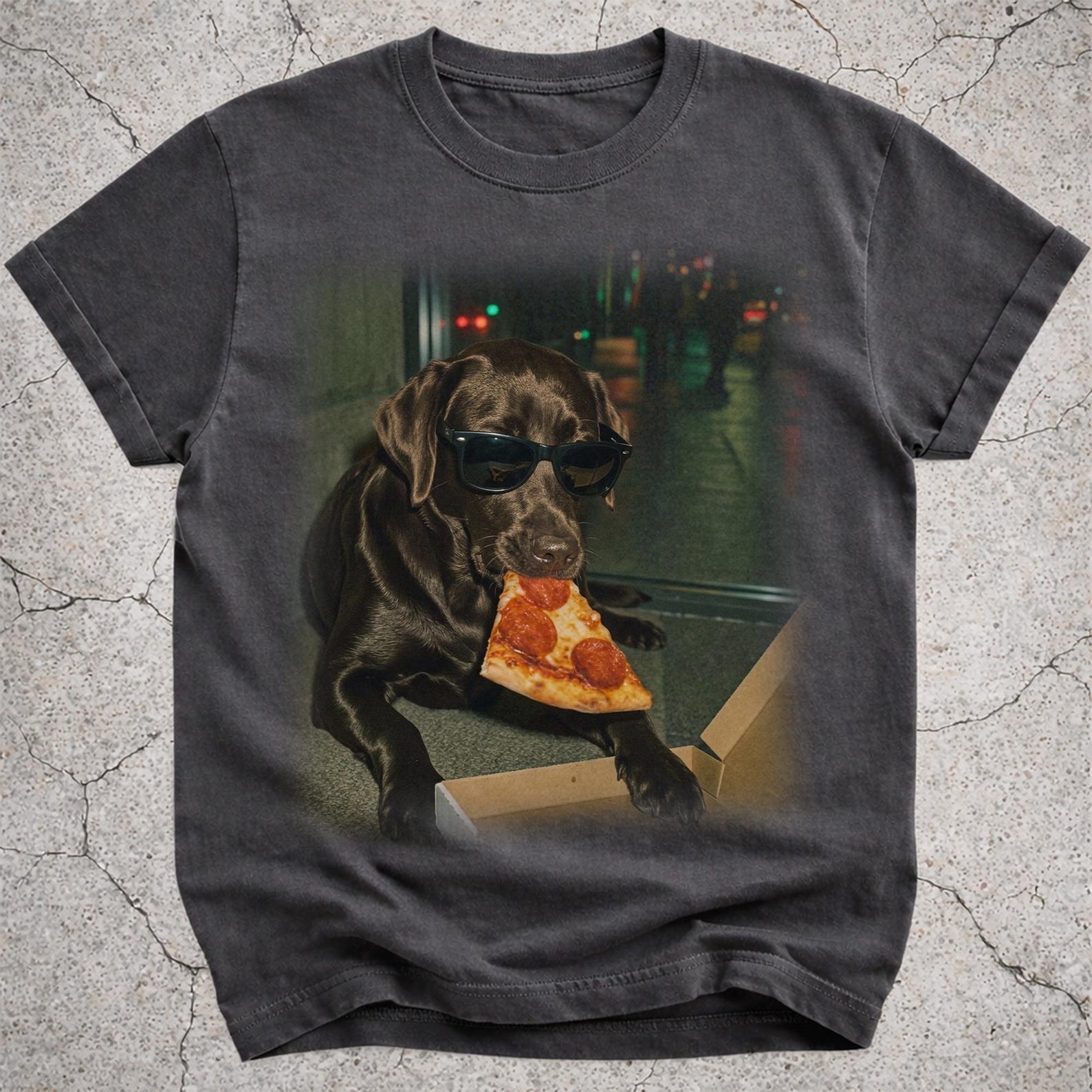 Chocolate Labrador Retriever Eating Pizza Shirt, Funny Dog Meme Tee, Lab Dog Owner Gift, Silly Pet Graphic T-Shirt XL