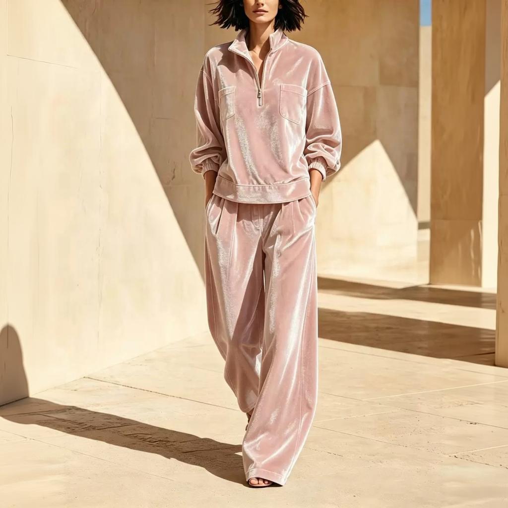 Women's Casual Velvet Two Piece Set Long Sleeve Sweatshirt and Wide Leg Pants