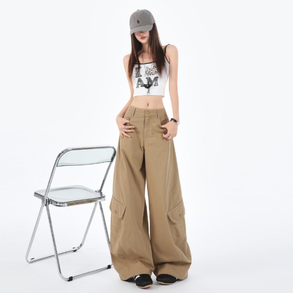 Women's High Waist Solid Color Cargo Pants Loose Fit Streetwear Wide Leg Trousers