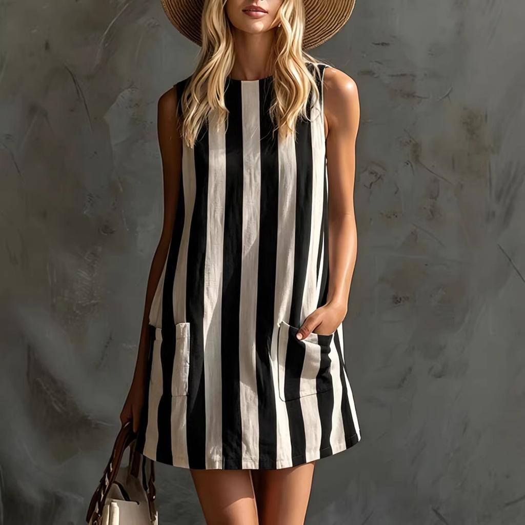 Sleeveless Vertical Stripe Casual Dress with Crew Neck and Front Pockets Loose Fit Lightweight Summer Sundress for Women