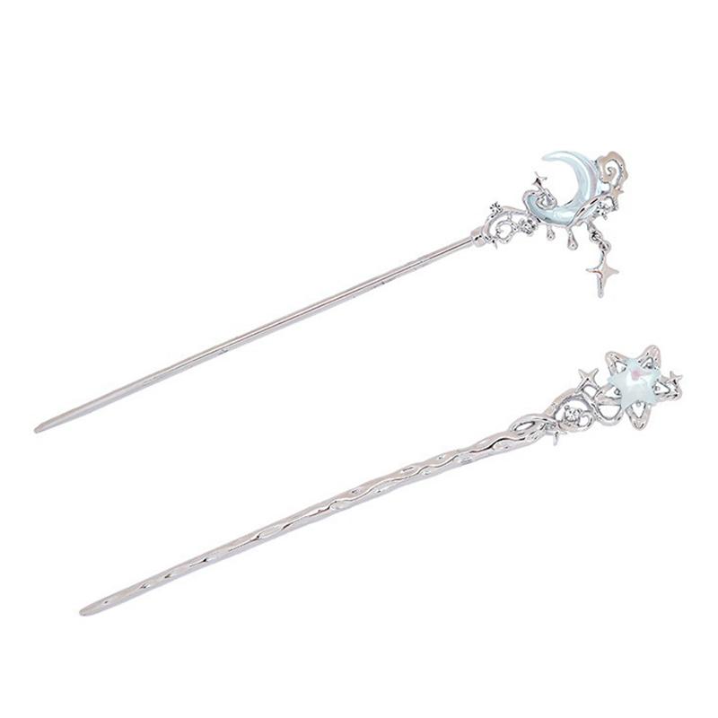 Vintage Moonstone Star Moon Hair Sticks For Women Chinese Style Cross Tassel Hairpin Disk Hair Chopsticks Hair Accessories