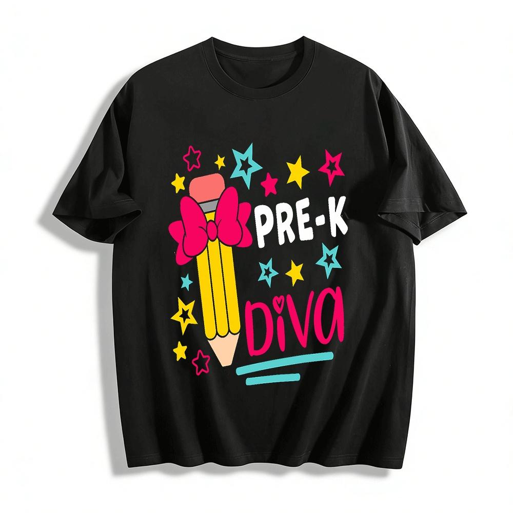 

Pre-K Diva Cute Bow Pencil Print Back To School Kids Top Pure cotton T-shirt 6XL