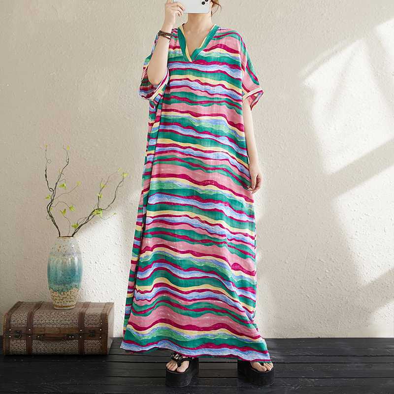Summer Cotton and Linen Printed Loose and Simple Long Skirt for Women