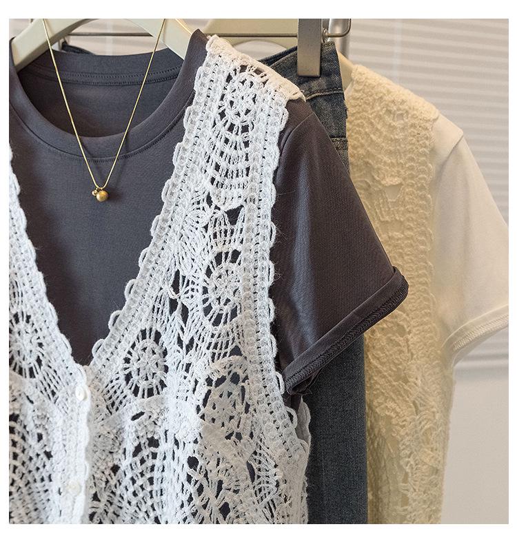 Elegant Plus Size Women's Floral Crochet T-Shirt and Vest Set - Korean Design