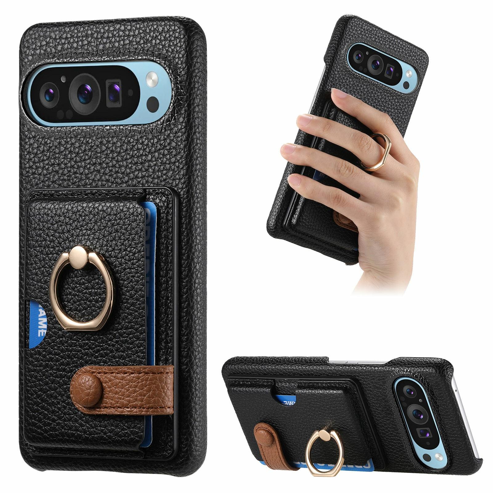 

For Google Pixel 9 Pro XL Case Ring Holder Kickstand Card Slot Leather Phone Back Cover Black