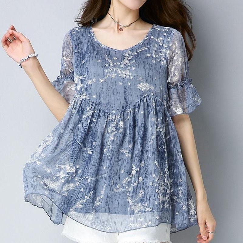 

Повседневная элегантная свободная шифоновая рубашка с расклешенными рукавами, лето, новая женская одежда, модный принт, круглый вырез, пуловеры, блузки 6XL XXXL синий