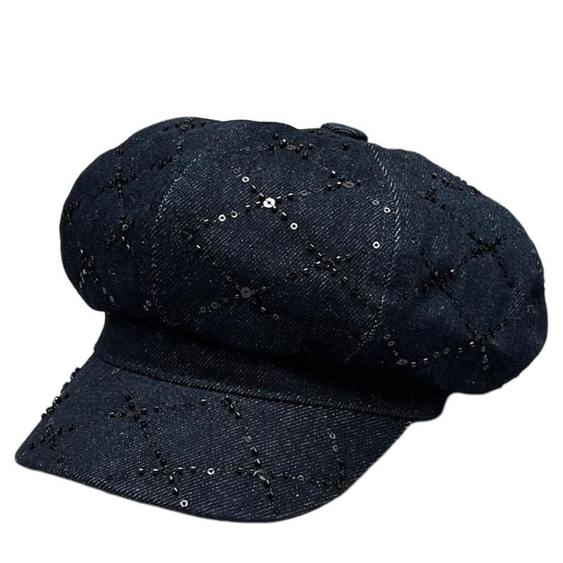 25 Stylish Small V-Face High Quality Plaid Sequins Washed Denim Octagonal Hat Women'S Street Beret