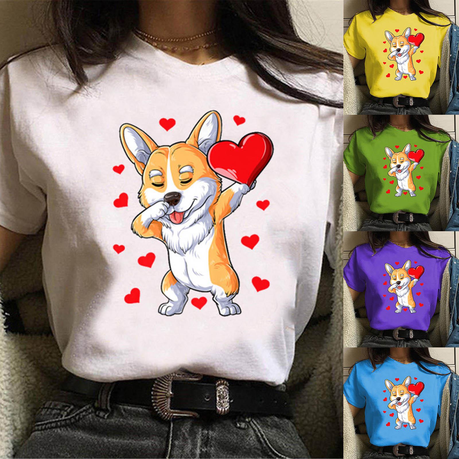 

2021 НОВЫЕ модные женские топы на День святого Валентина с короткими рукавами и принтом, свободная футболка