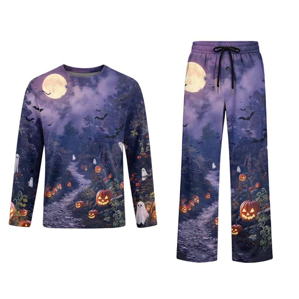 Men's Halloween Pajama Set Long Sleeve with Button Fly and Elastic Waist Drawstring for Sleepwear