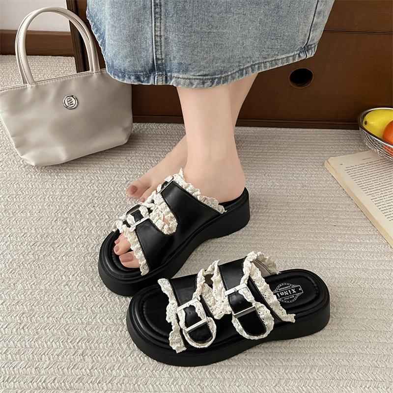 Fashion tassel popular thick-soled one-word slippers women's summer wear 2025 new high-end cool slippers