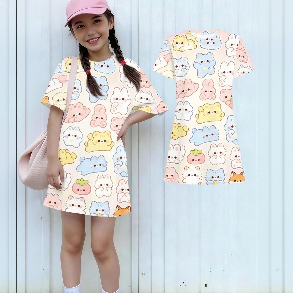 Girls Loose Fit Short Sleeve Dress Lightweight Summer Dress with Animal Print Round Neck Casual Kids Dress for Daily Wear