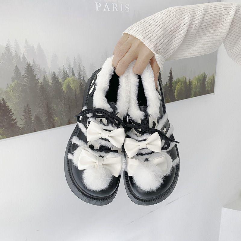 Зимние туфли в стиле Лолиты женские туфли на меху с толстой флисовой подкладкой милые японские мягкие туфли для девочек из мягкой кожи LOLita 35 чёрный 2745₽